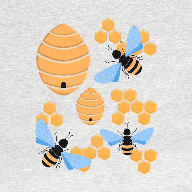 Cute bees, honeycombs and beehives by Ieva Li ART